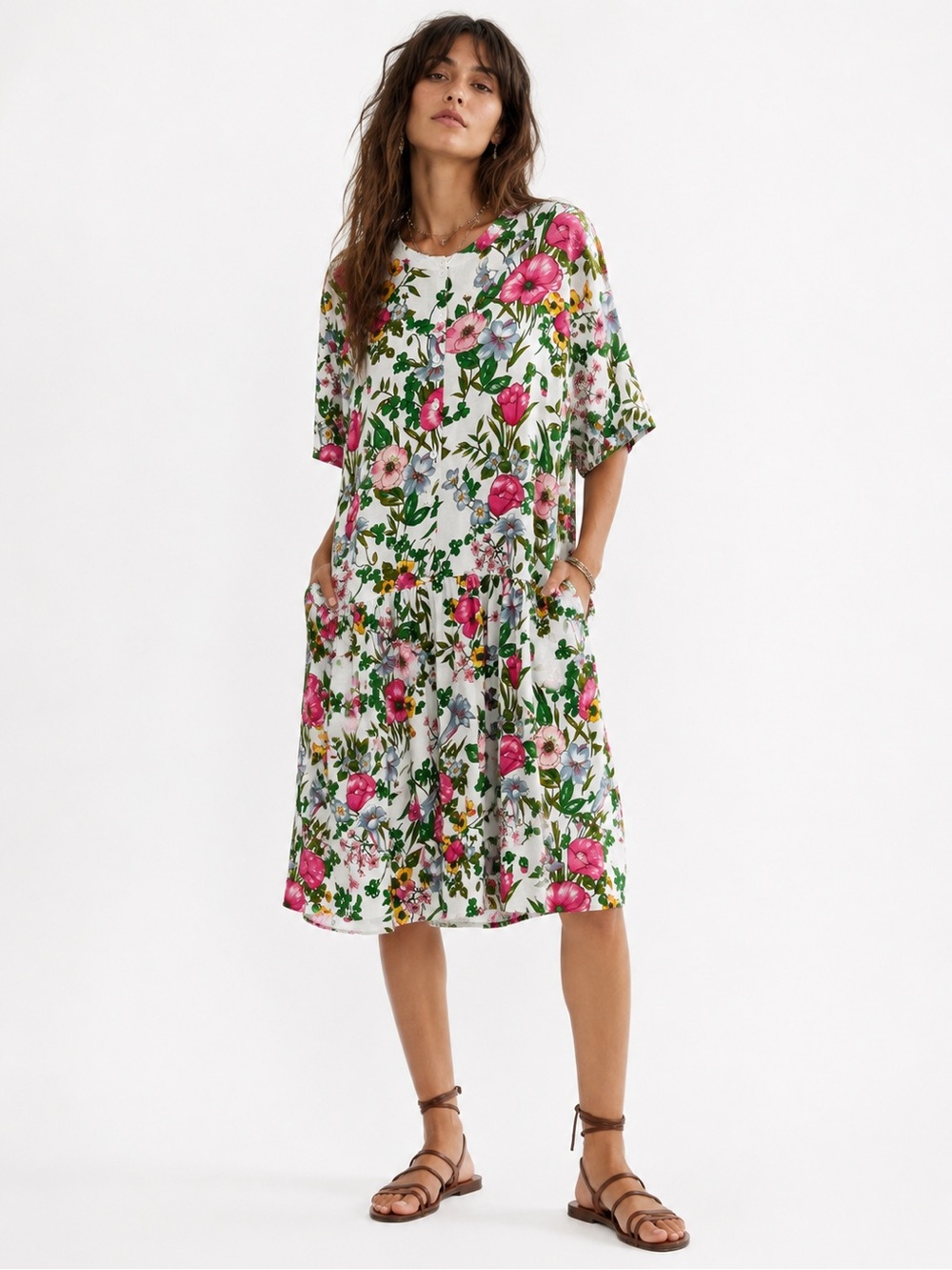 Vintage 100% Cotton 1980s Floral Cottagecore Dropped Waist Midi Dress Size L